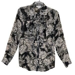Cabi Womens Blouse Black White Floral Small Ruffle Sheer Career Office Feminine